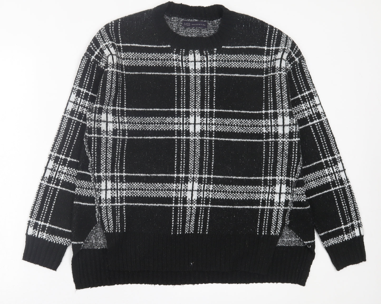 Marks and Spencer Womens Black Crew Neck Plaid Acrylic Pullover Jumper Size M