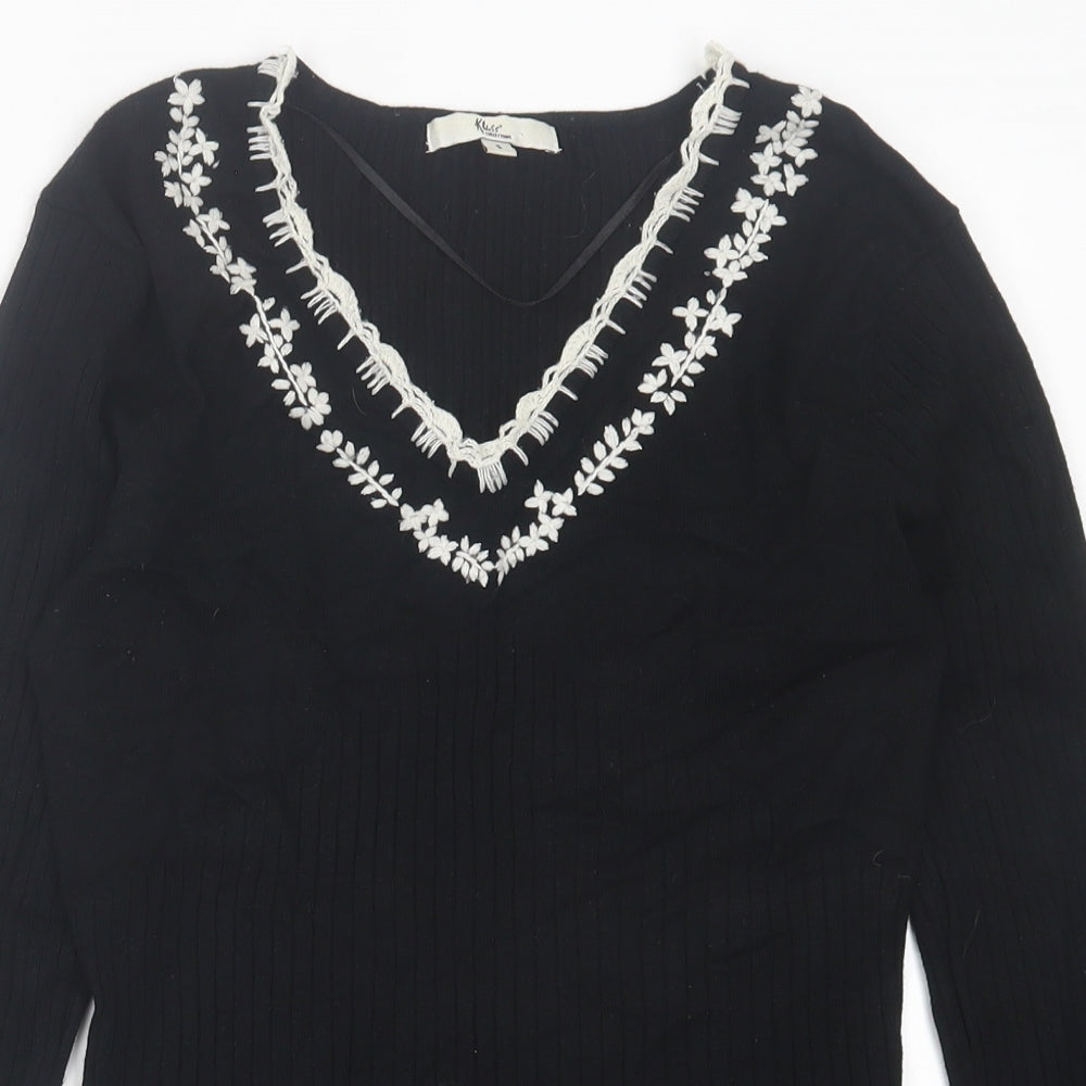 Klass Womens Black V-Neck Floral Viscose Pullover Jumper Size S