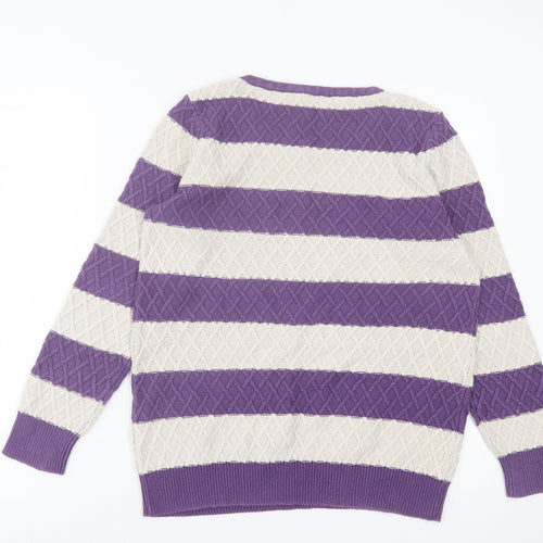Tayberry Womens Purple Crew Neck Striped Cotton Pullover Jumper Size M