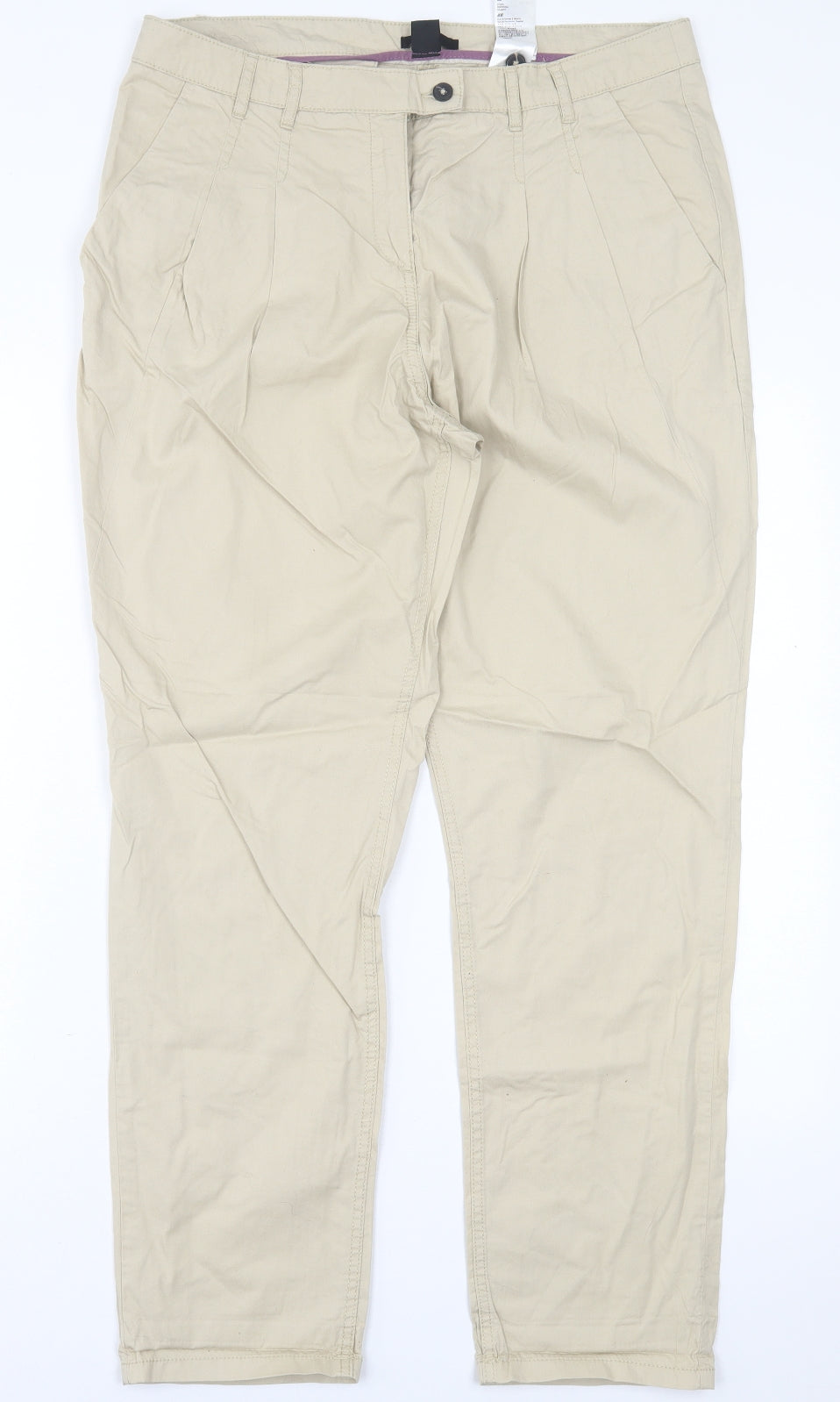 H&M Womens Beige  Cotton Trousers  Size 14 L30 in Regular Button