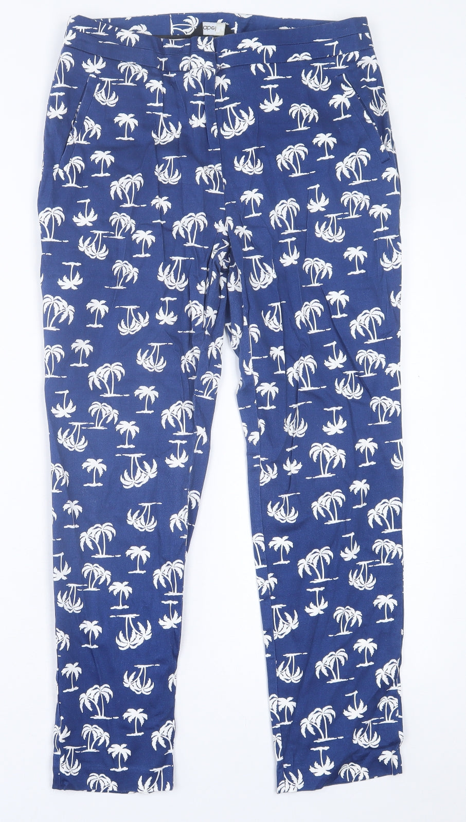 label Be Womens Blue Geometric Cotton Trousers  Size 12 L26 in Regular Hook & Eye