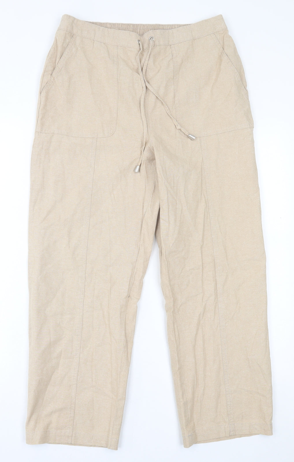 Isle Essentials  Womens Beige  Cotton Trousers  Size 12 L25 in Regular Tie