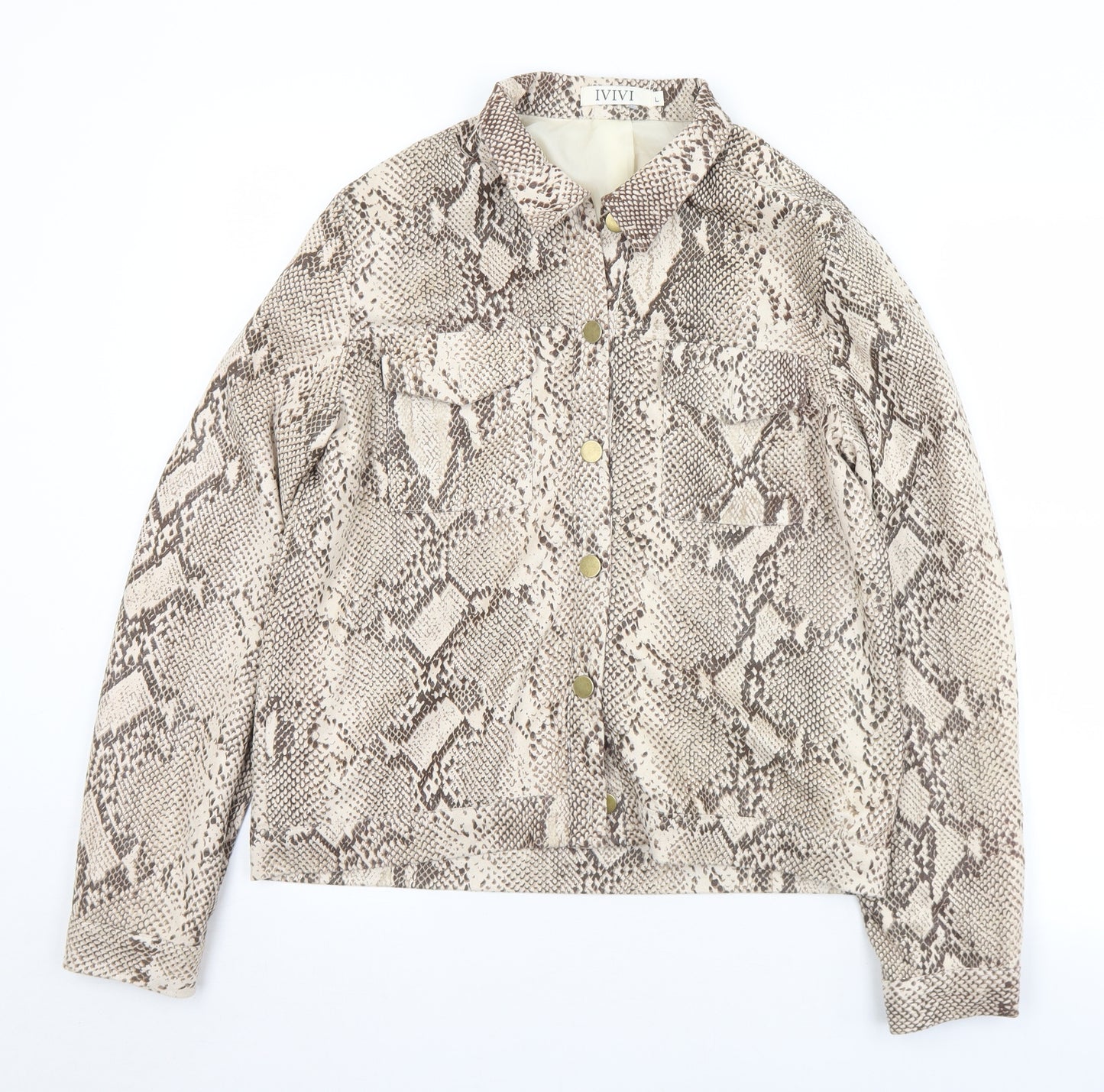 IVIVI Womens Beige Animal Print Polyester Jersey Blouse Size L Collared