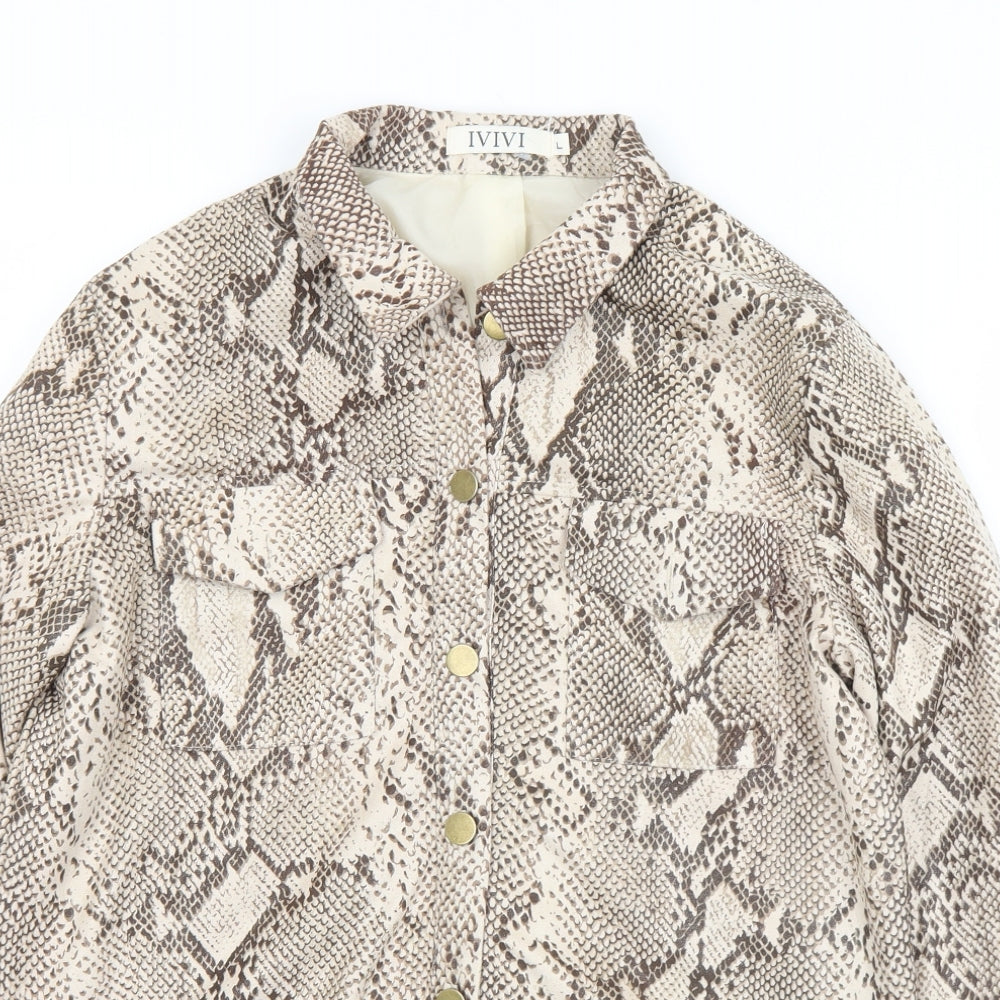 IVIVI Womens Beige Animal Print Polyester Jersey Blouse Size L Collared