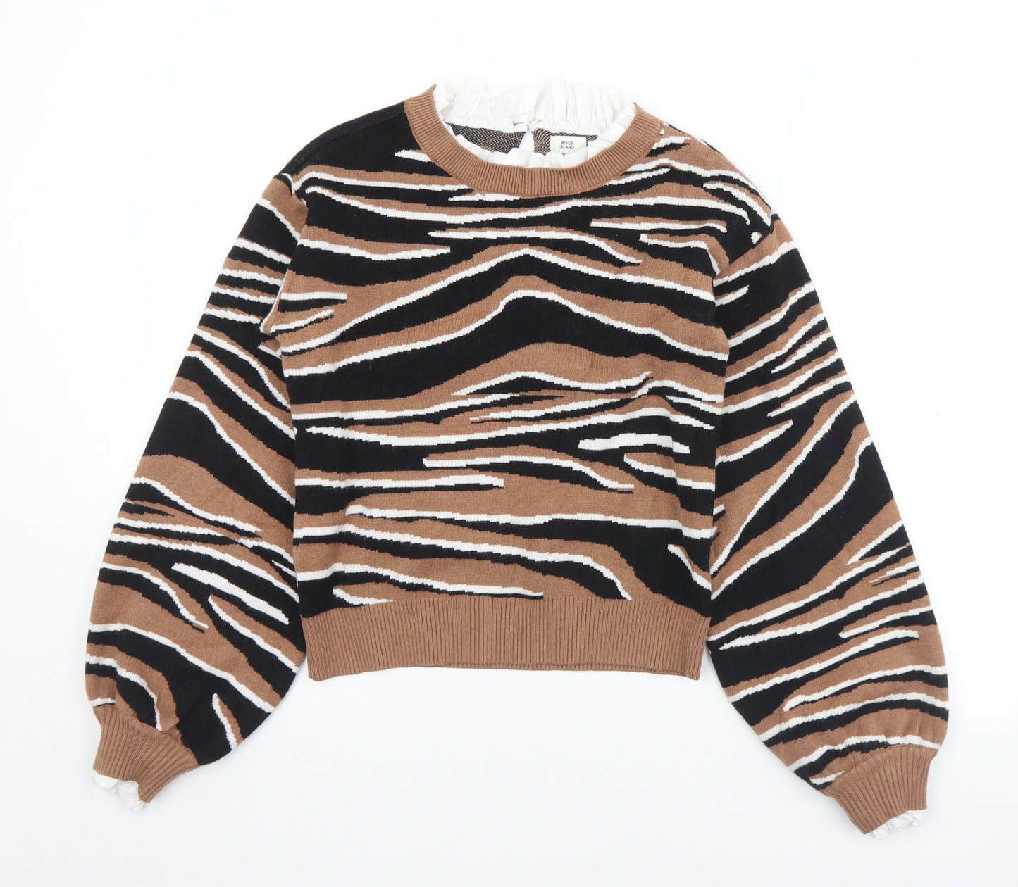 River Island Womens Brown Round Neck Animal Print Viscose Pullover Jumper Size 10