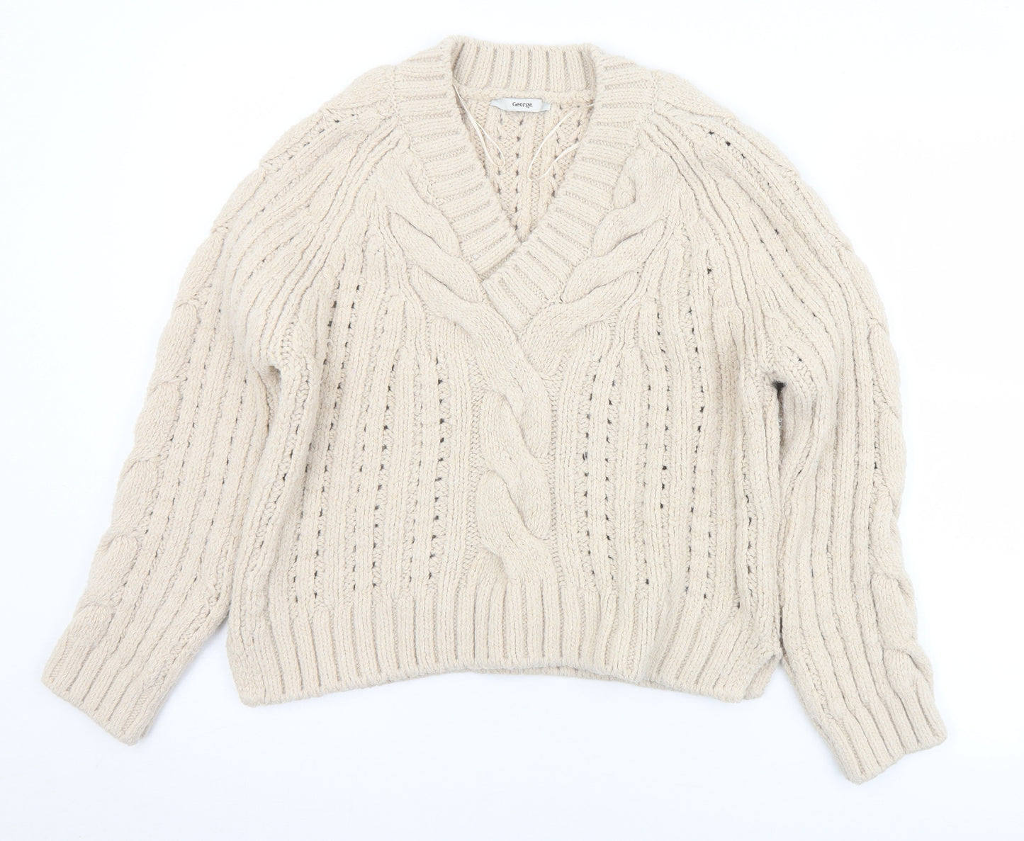 George Womens Beige V-Neck  Acetate Pullover Jumper Size M