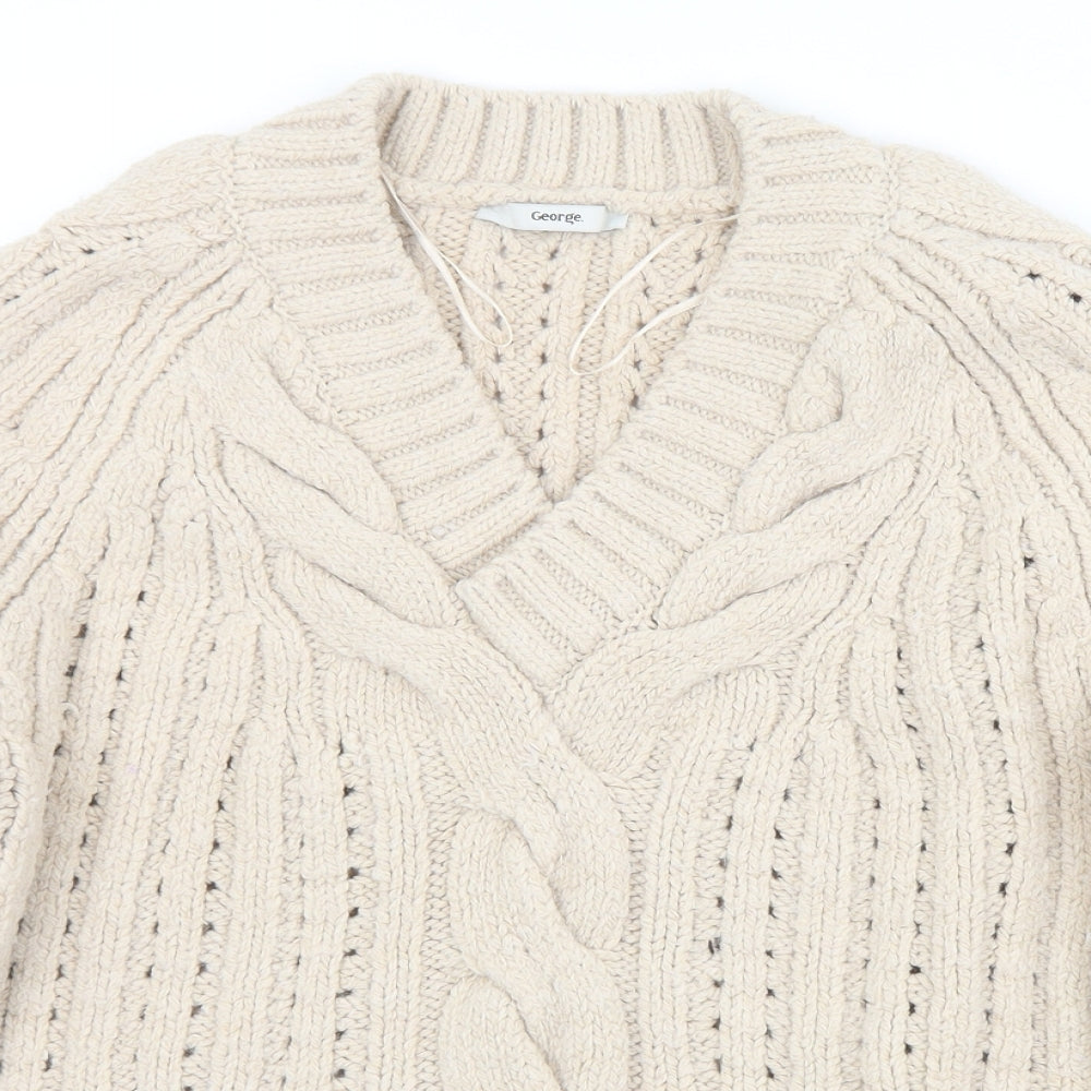 George Womens Beige V-Neck  Acetate Pullover Jumper Size M