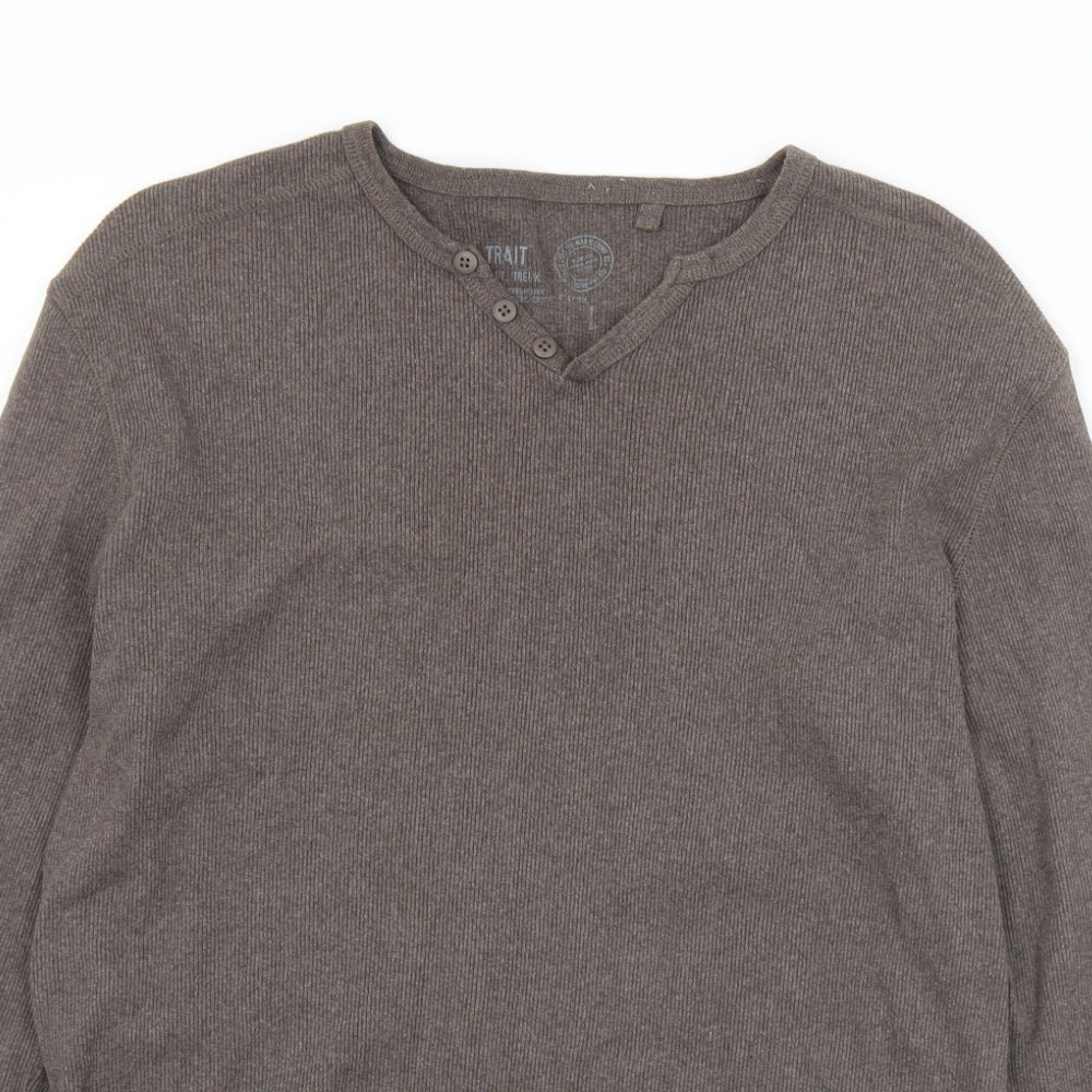 BHS Mens Brown  Cotton  T-Shirt Size L V-Neck