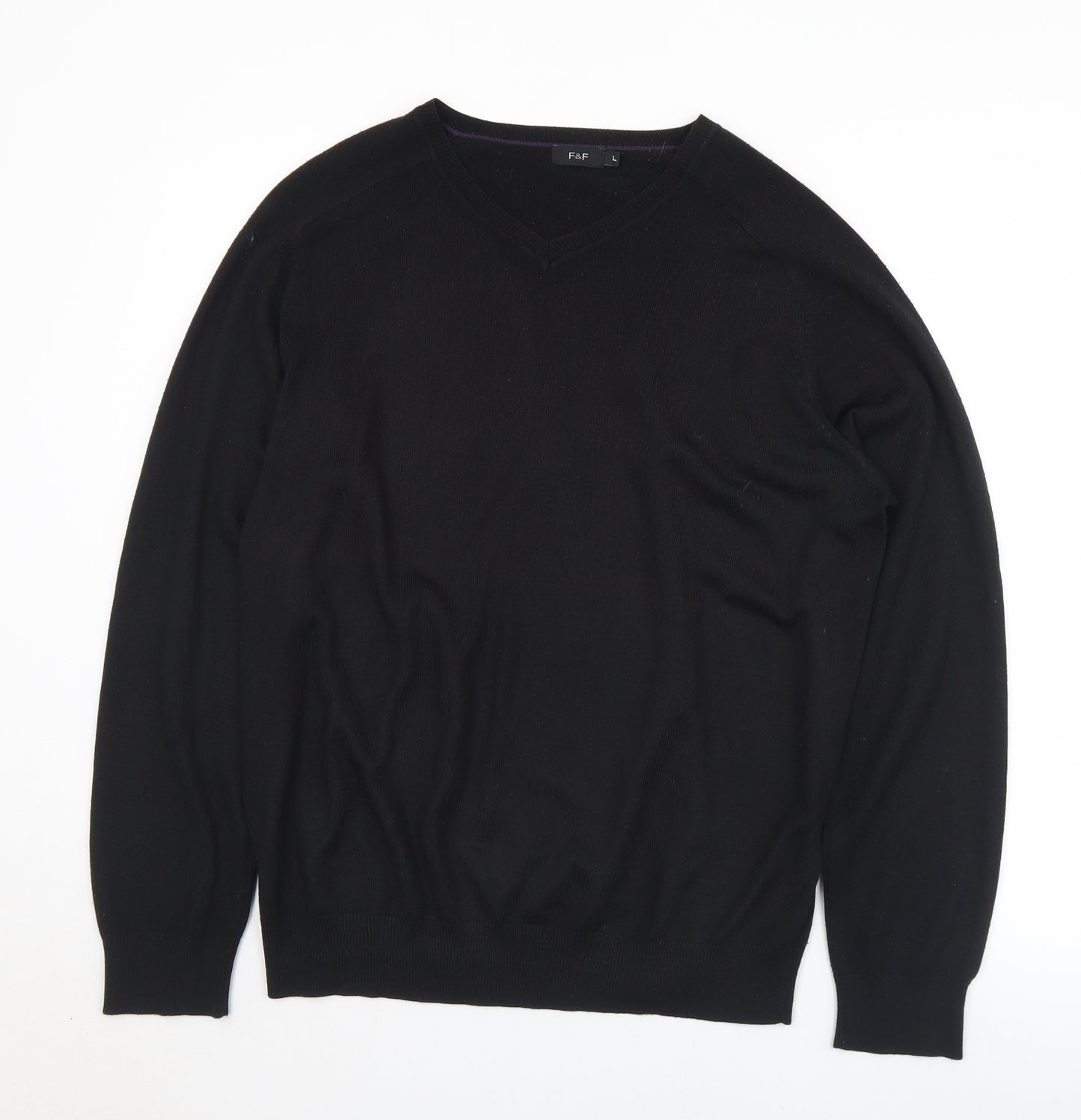 F&F Mens Black V-Neck  Acrylic Pullover Jumper Size L