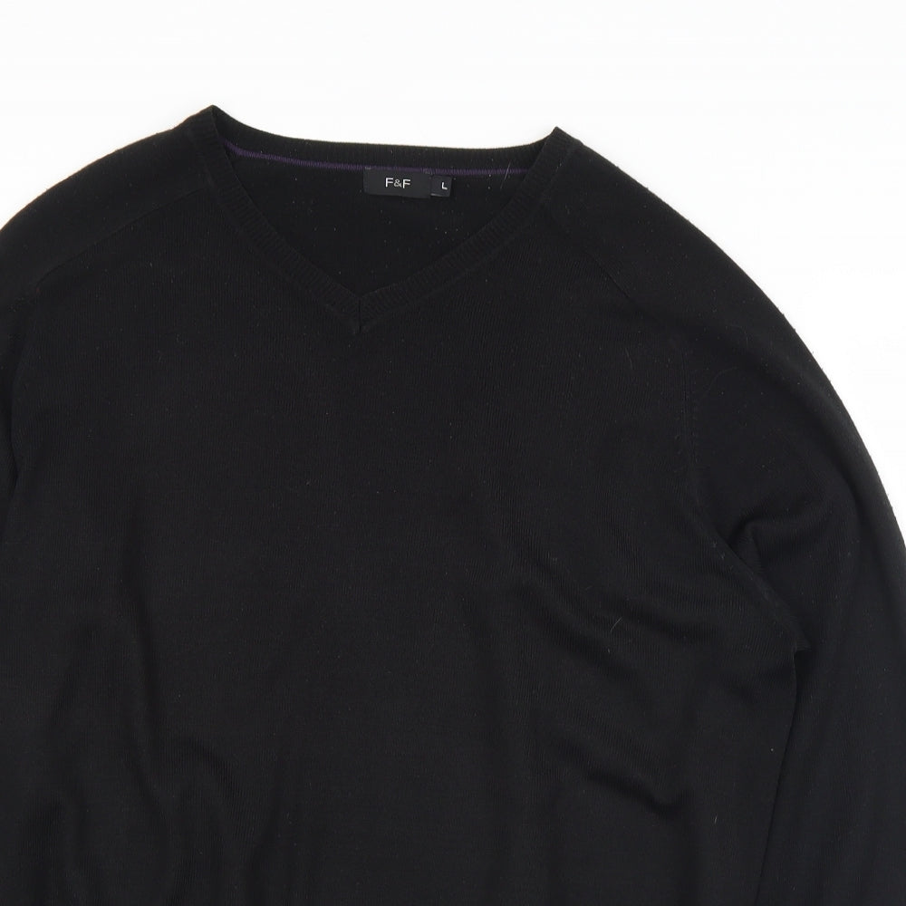 F&F Mens Black V-Neck  Acrylic Pullover Jumper Size L