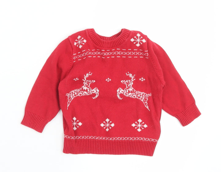 Marks and Spencer Baby Red Fair Isle Cotton Pullover Jumper Size 3-6 Months Button - Christmas Jumper