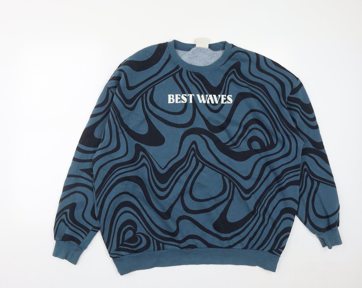 Pull&Bear Mens Blue Geometric Cotton Pullover Sweatshirt Size M