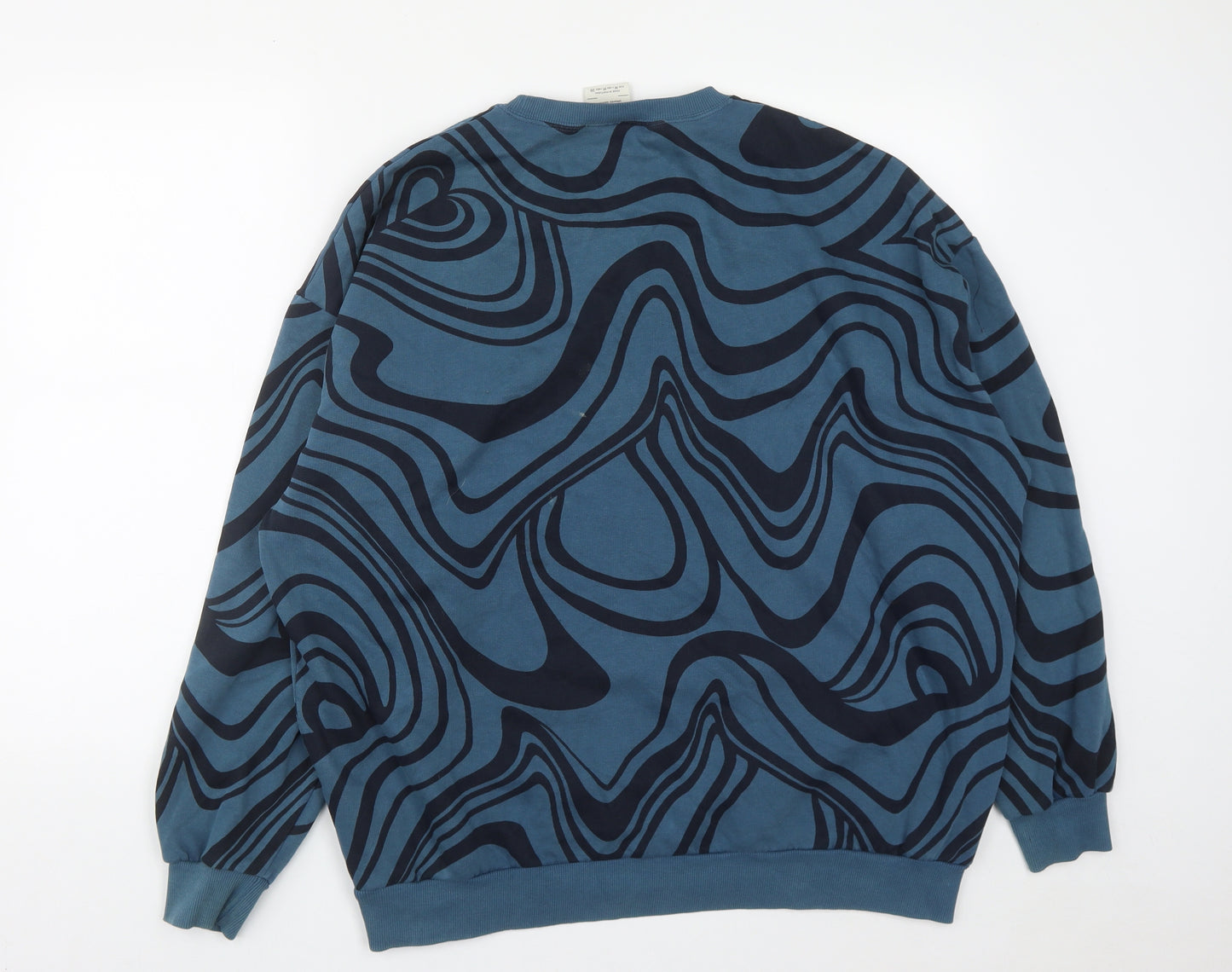 Pull&Bear Mens Blue Geometric Cotton Pullover Sweatshirt Size M