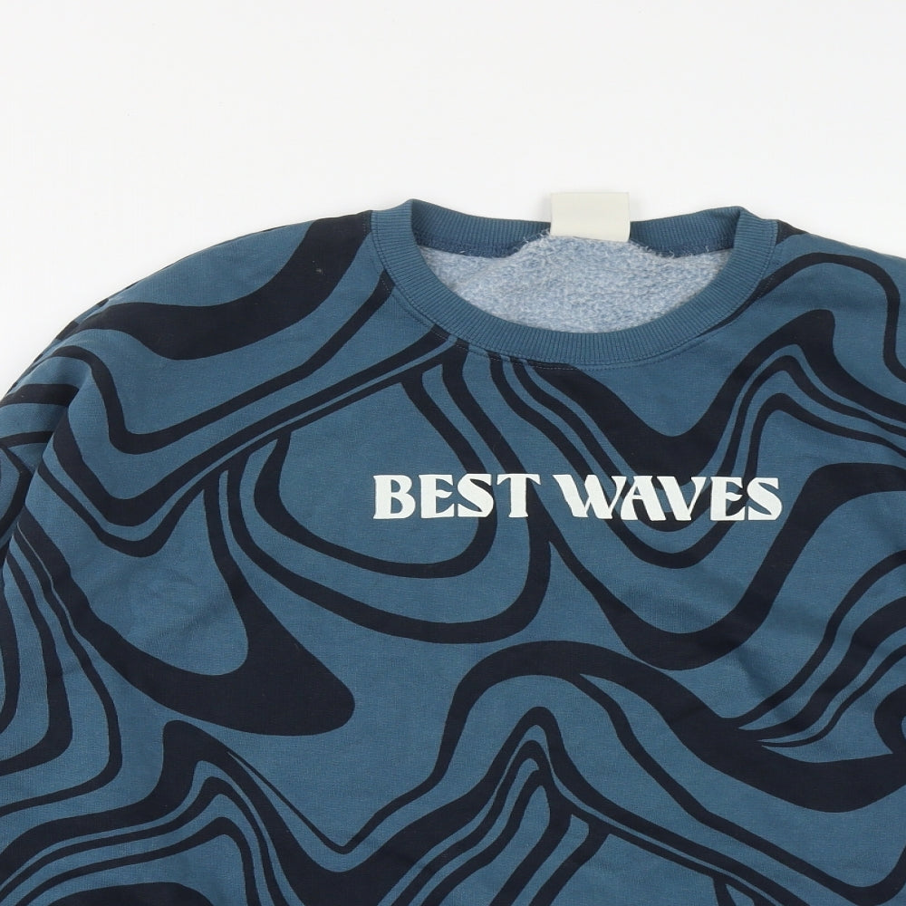 Pull&Bear Mens Blue Geometric Cotton Pullover Sweatshirt Size M