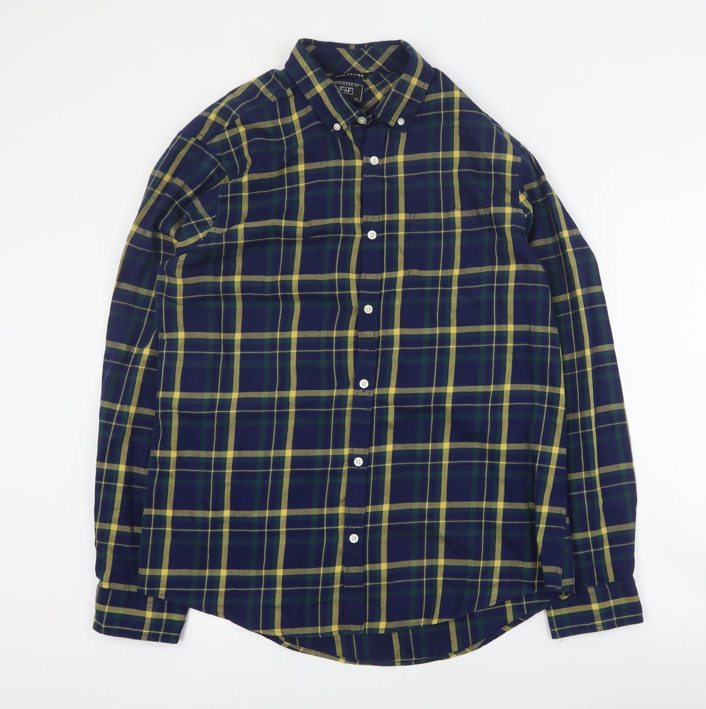 F&F Mens Blue Plaid Cotton  Button-Up Size L Collared Button