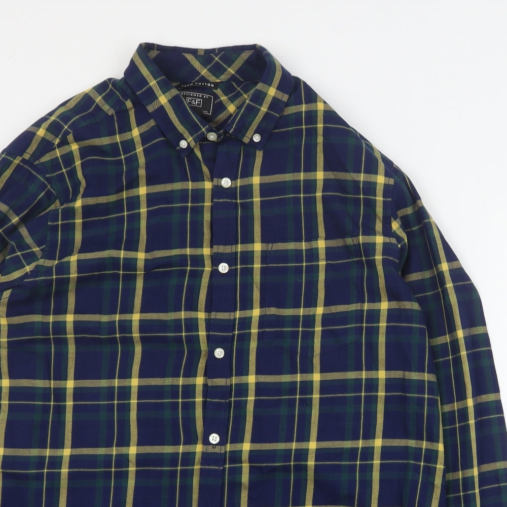 F&F Mens Blue Plaid Cotton  Button-Up Size L Collared Button