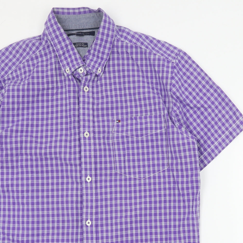 Tommy Hilfiger Mens Purple Plaid Cotton  Button-Up Size L Collared Button