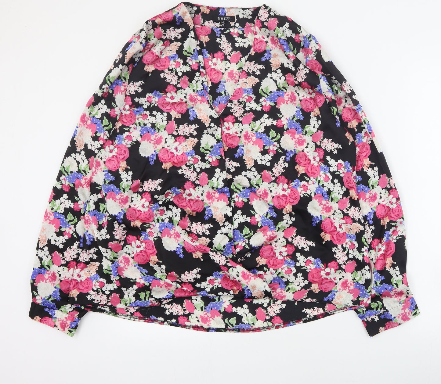 Mystify Womens Black Floral Polyester Basic Blouse Size 18 V-Neck
