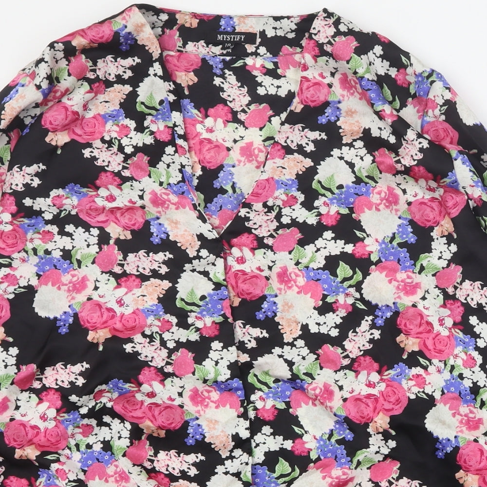 Mystify Womens Black Floral Polyester Basic Blouse Size 18 V-Neck