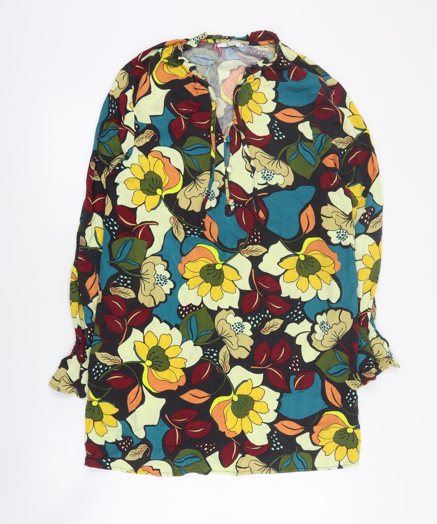 TU Womens Multicoloured Floral Viscose Shift  Size 14  V-Neck Button