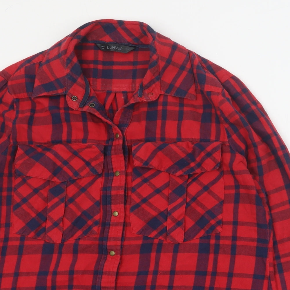 Dunnes Womens Red Plaid Cotton Basic Button-Up Size 14 Collared