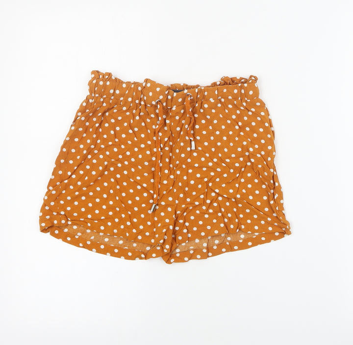 Primark Womens Orange Polka Dot Viscose Paperbag Shorts Size 6 Regular Drawstring
