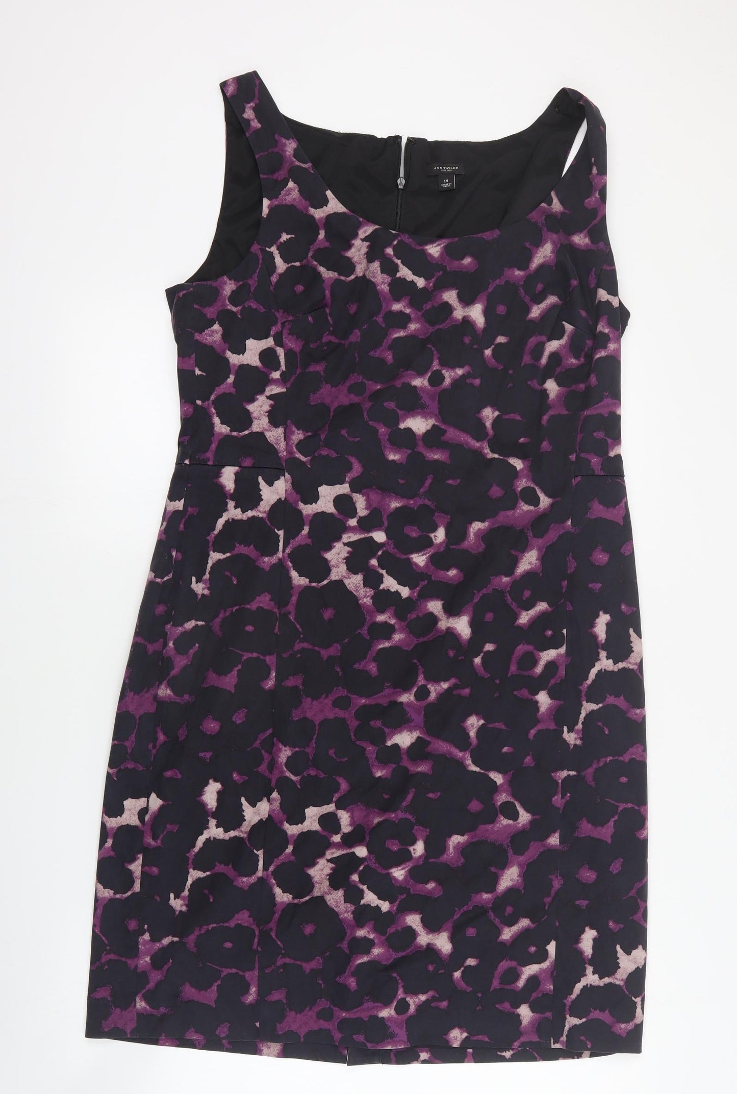 Ann Taylor Womens Purple Animal Print Silk Pencil Dress  Size 14  Round Neck Zip