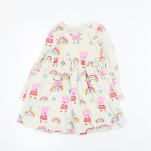 F&F Girls Beige Geometric Cotton T-Shirt Dress  Size 4-5 Years  Round Neck Pullover - Peppa Pig