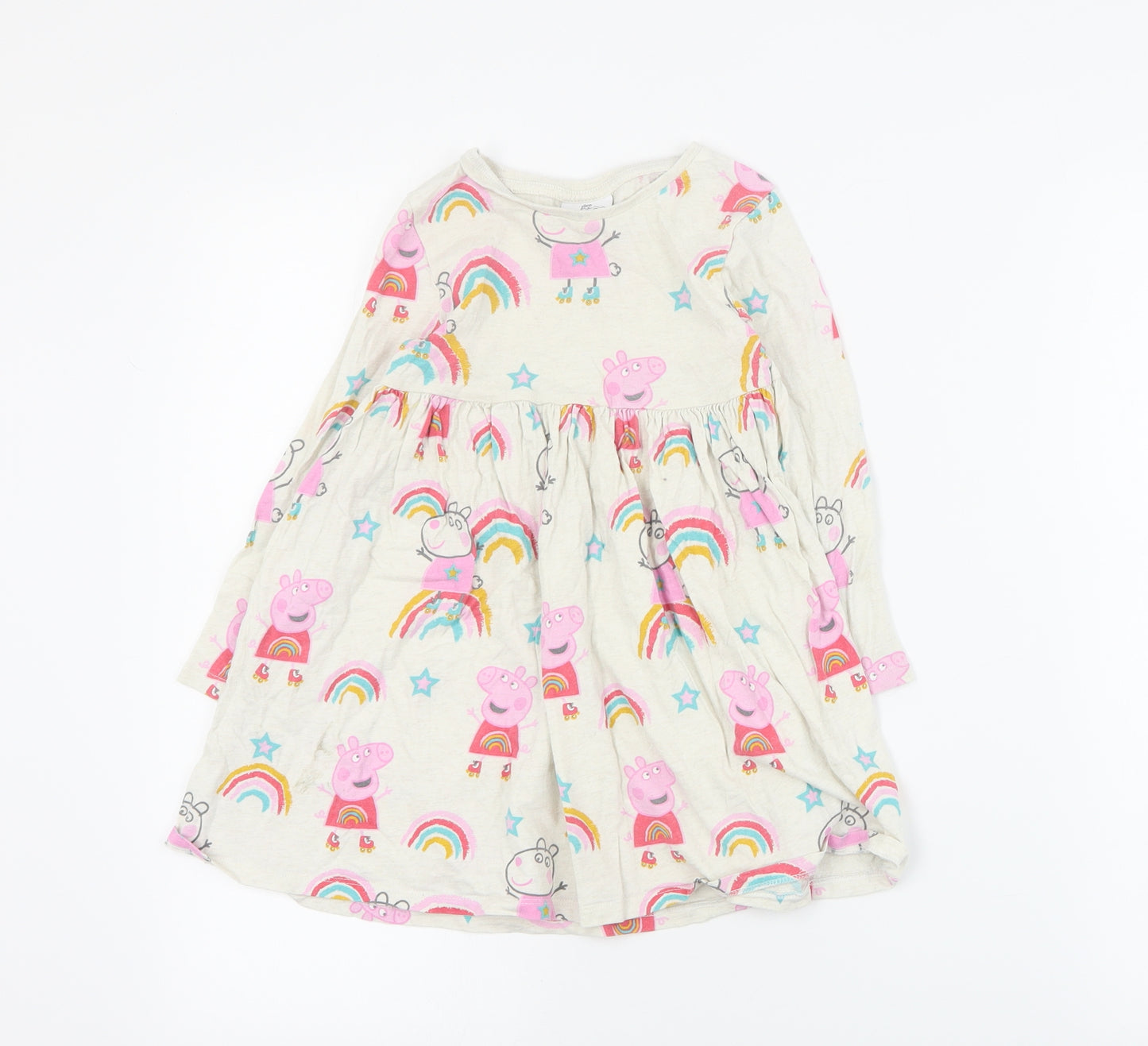 F&F Girls Beige Geometric Cotton T-Shirt Dress  Size 4-5 Years  Round Neck Pullover - Peppa Pig