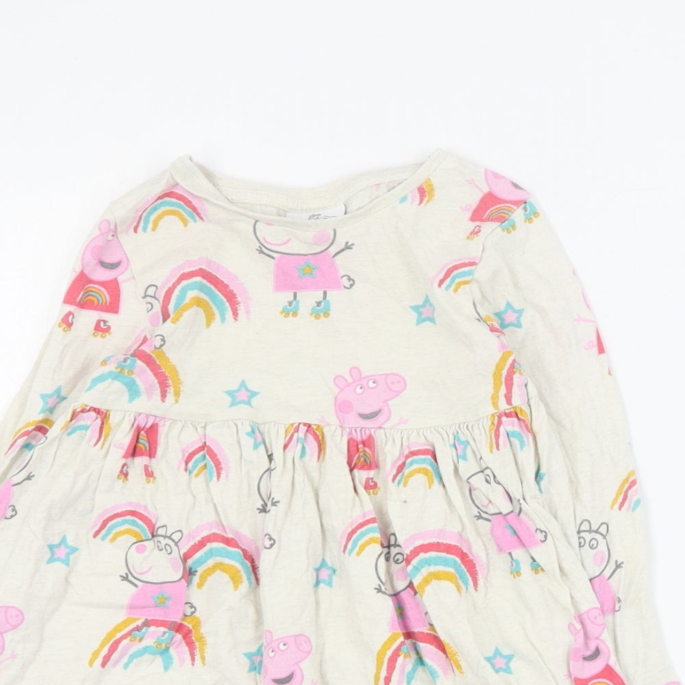 F&F Girls Beige Geometric Cotton T-Shirt Dress  Size 4-5 Years  Round Neck Pullover - Peppa Pig