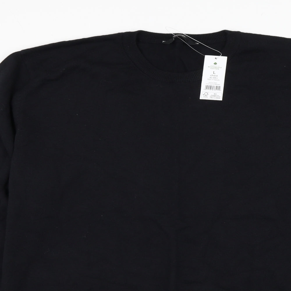 George Mens Black Round Neck  Cotton Pullover Jumper Size L