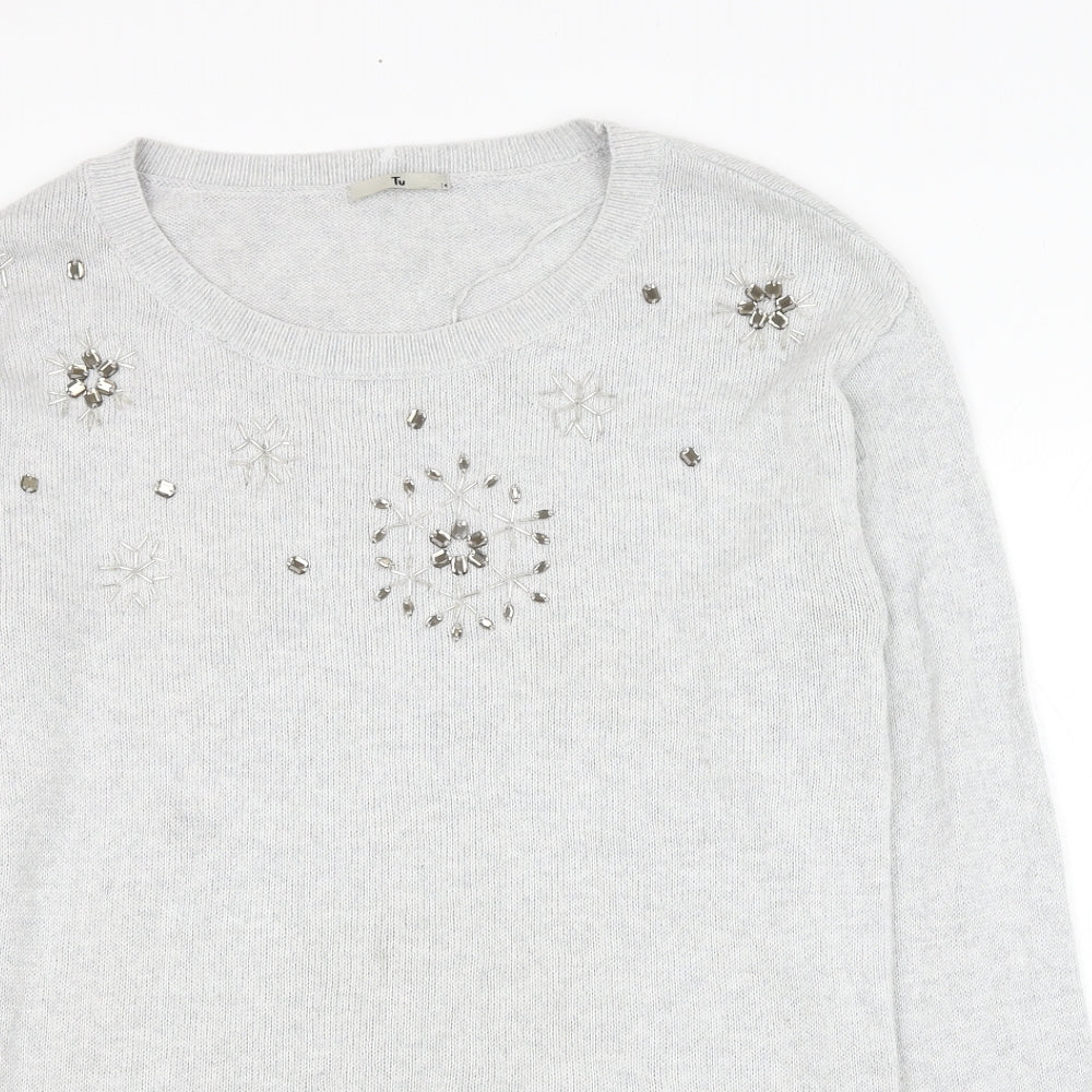 TU Womens Grey Round Neck  Cotton Pullover Jumper Size 14