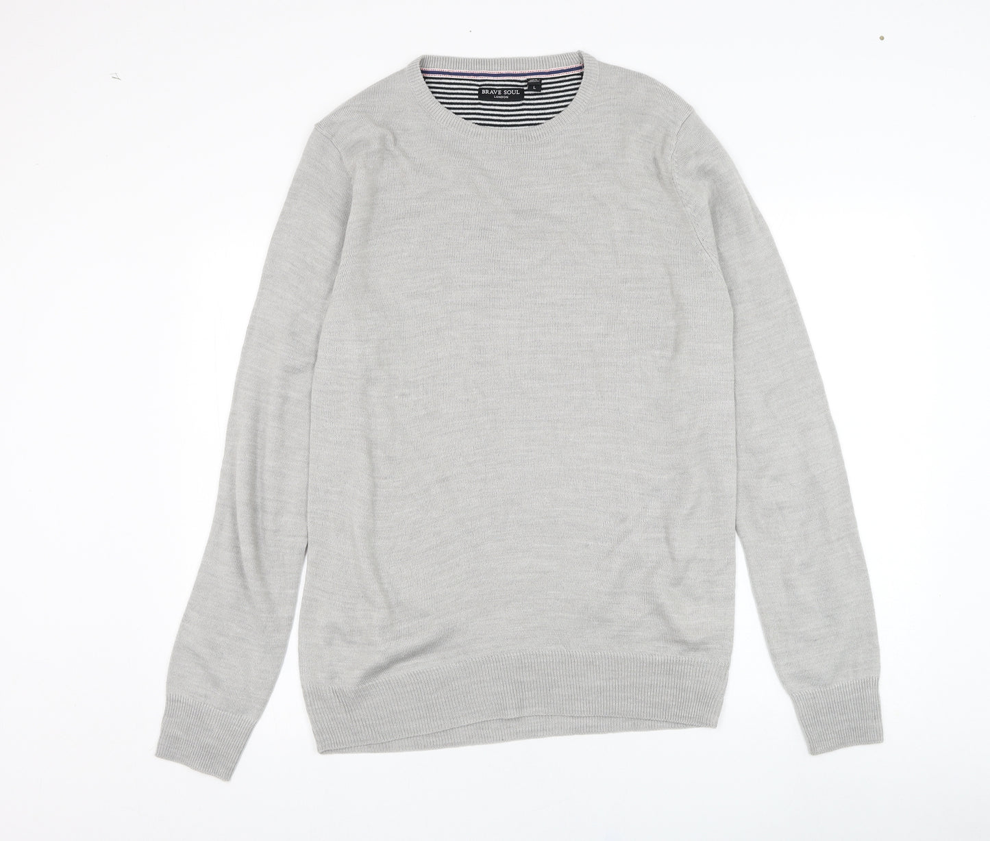 Brave Soul Mens Grey Round Neck  Acrylic  Jumper Size L