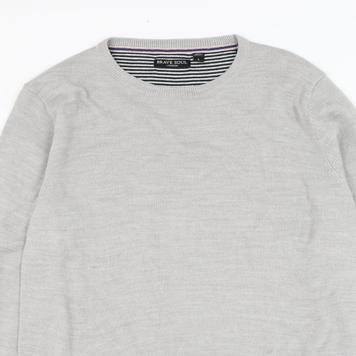 Brave Soul Mens Grey Round Neck  Acrylic  Jumper Size L