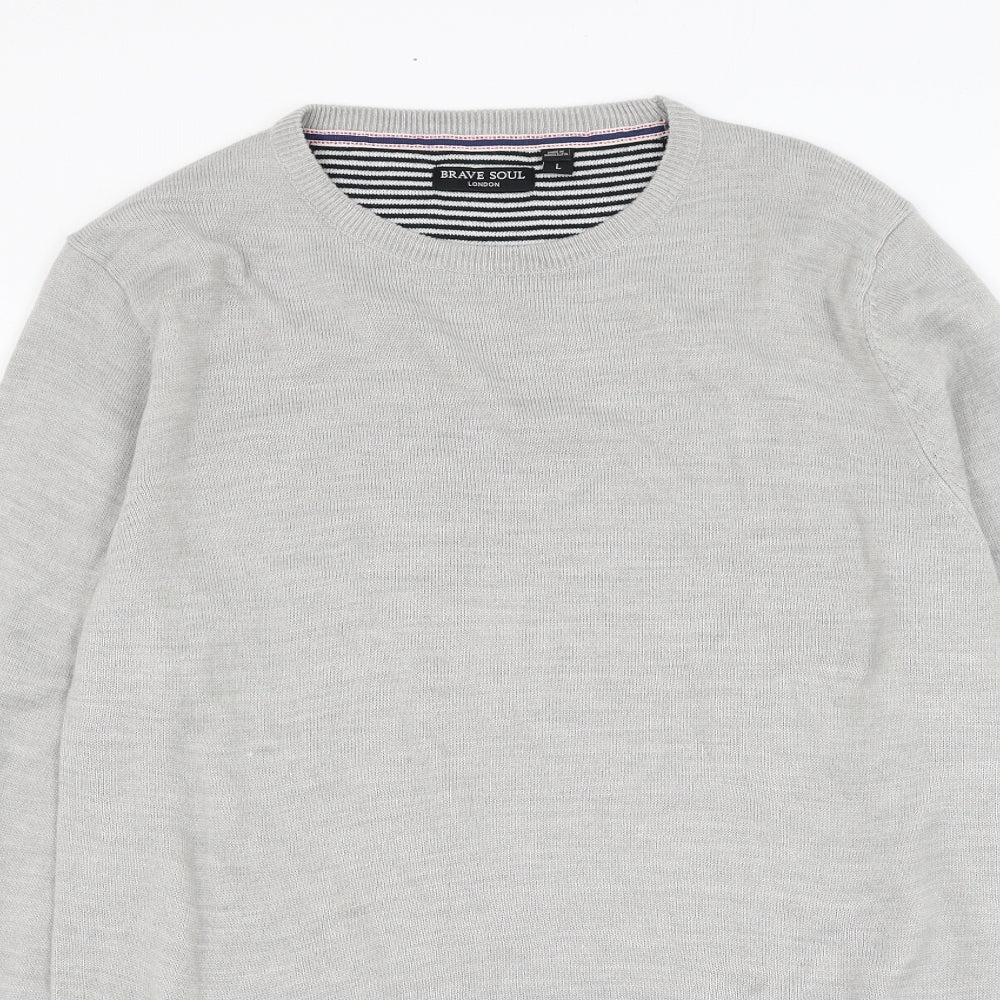 Brave Soul Mens Grey Round Neck  Acrylic  Jumper Size L