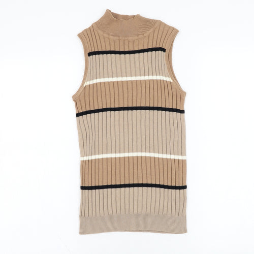 Select Womens Brown Mock Neck Striped Cotton Vest Jumper Size 10