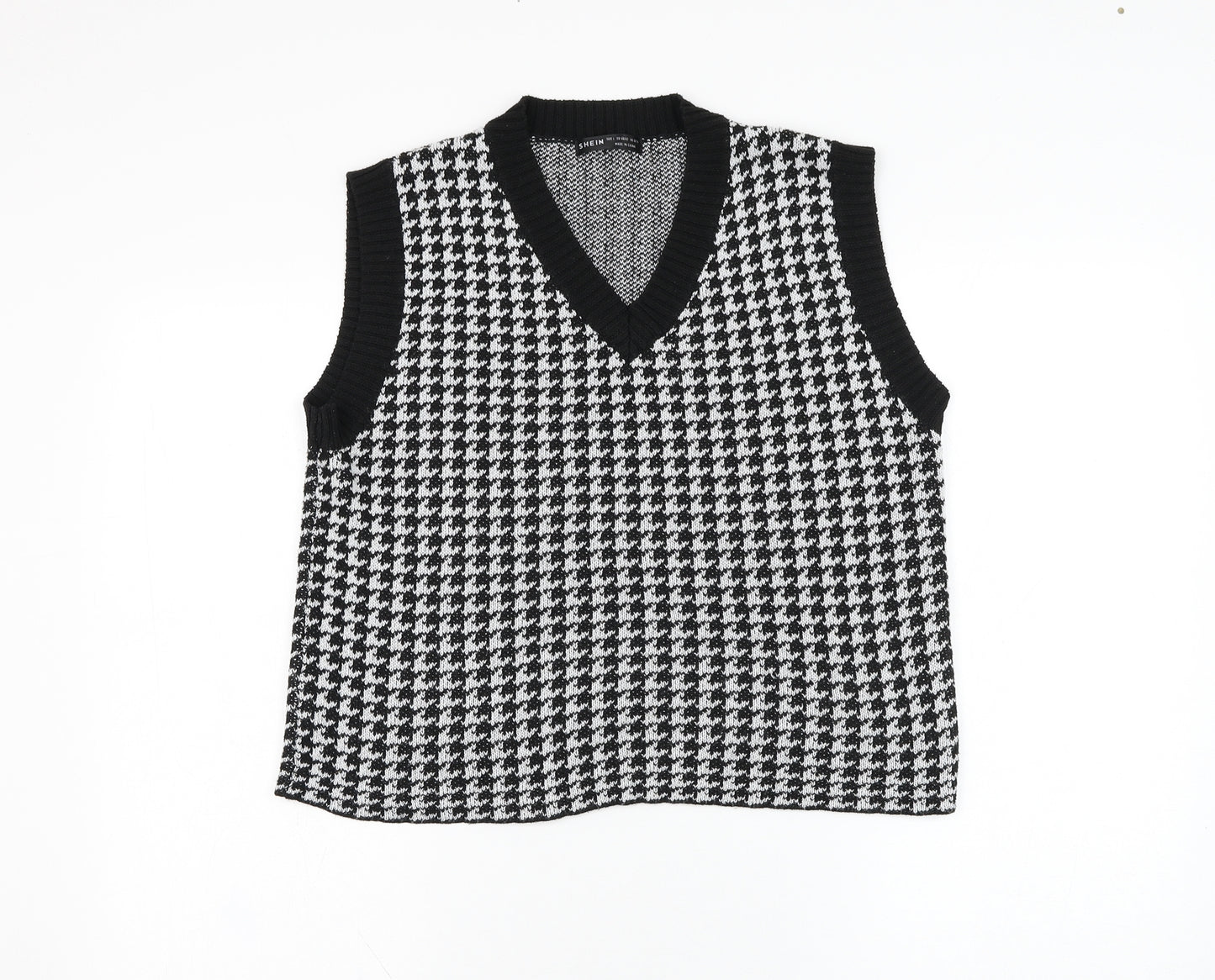 SheIn Womens Black V-Neck Houndstooth Polyester Vest Jumper Size 12