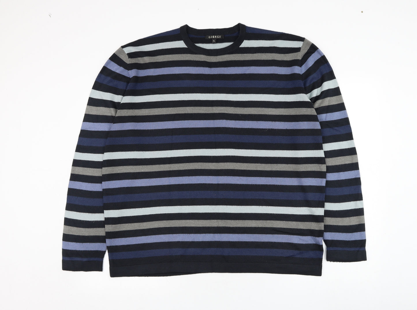 George Mens Blue Round Neck Striped Acrylic Pullover Jumper Size L