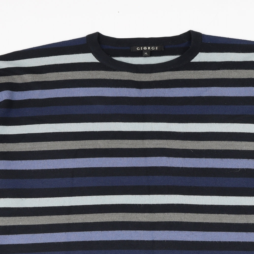 George Mens Blue Round Neck Striped Acrylic Pullover Jumper Size L