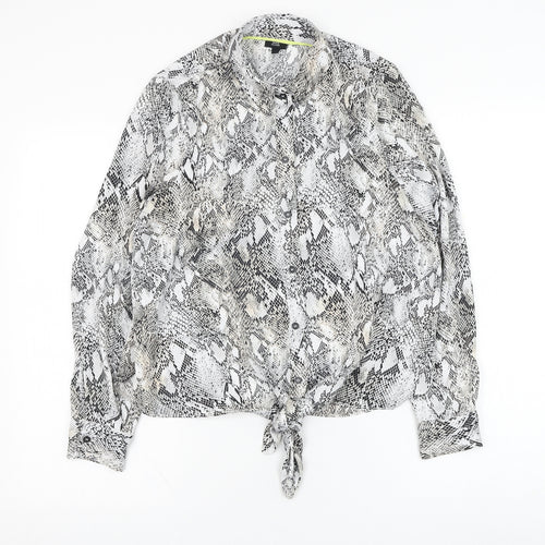 River Island Womens White Animal Print Polyester Basic Button-Up Size 10 Collared - Knot front