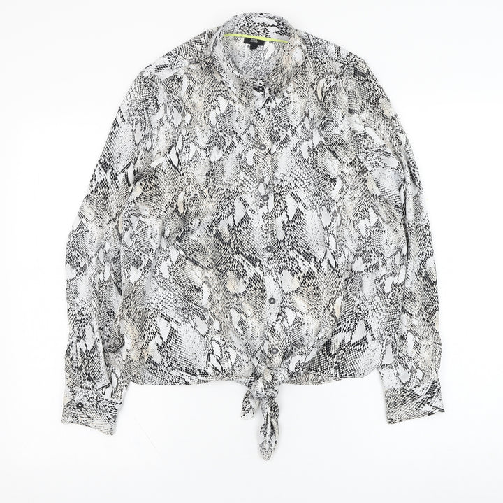 River Island Womens White Animal Print Polyester Basic Button-Up Size 10 Collared - Knot front