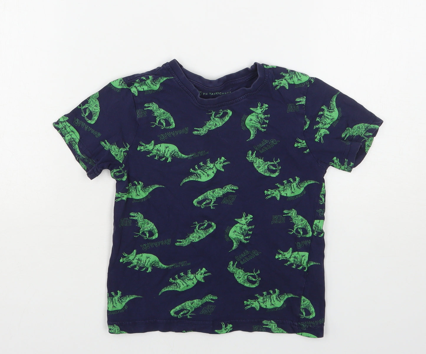 Primark Boys Blue Geometric Cotton Basic T-Shirt Size 5-6 Years Round Neck  - Dinosaurs