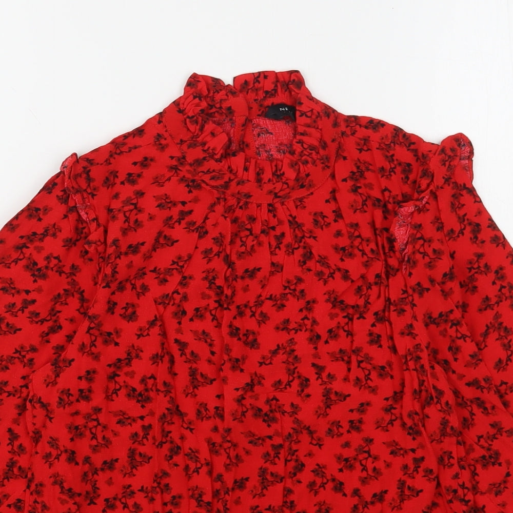 New Look Womens Red Floral Viscose Basic Blouse Size 6 High Neck