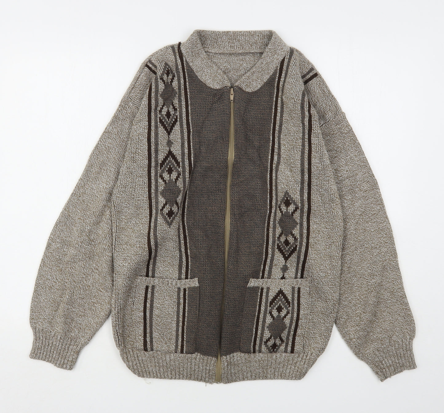 Premier Man  Mens Beige Round Neck Argyle/Diamond Acrylic Full Zip Jumper Size S
