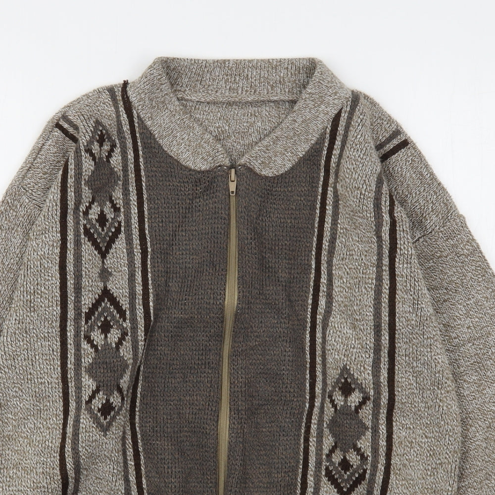 Premier Man  Mens Beige Round Neck Argyle/Diamond Acrylic Full Zip Jumper Size S