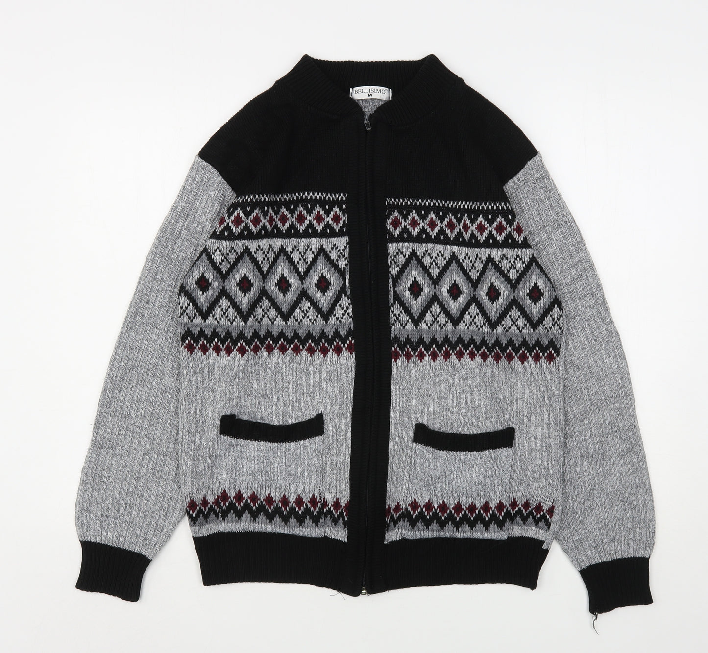 Bellisimo Womens Multicoloured Round Neck Argyle/Diamond Acrylic Full Zip Jumper Size M