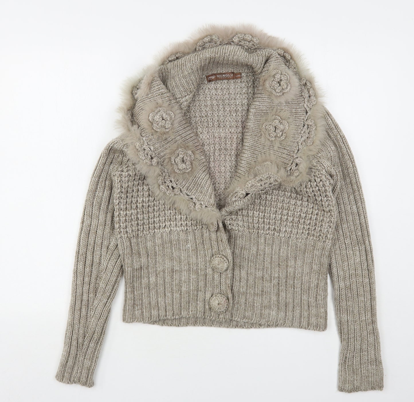 Menglu Womens Beige V-Neck  Acrylic Cardigan Jumper Size L