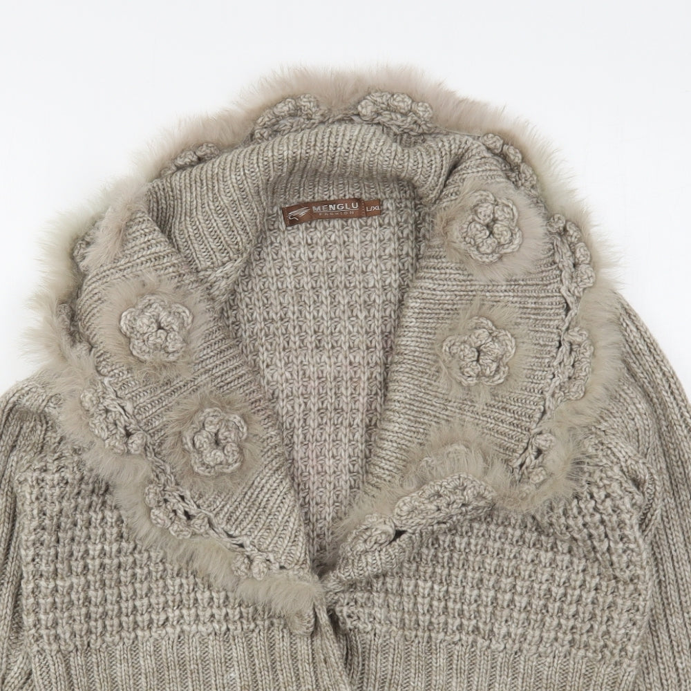 Menglu Womens Beige V-Neck  Acrylic Cardigan Jumper Size L