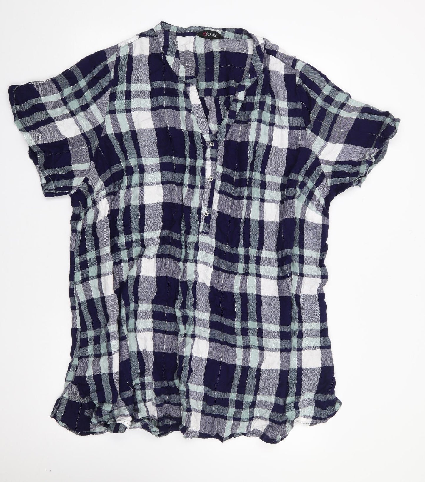 Yours Womens Blue Plaid Viscose Jersey Button-Up Size 26 V-Neck
