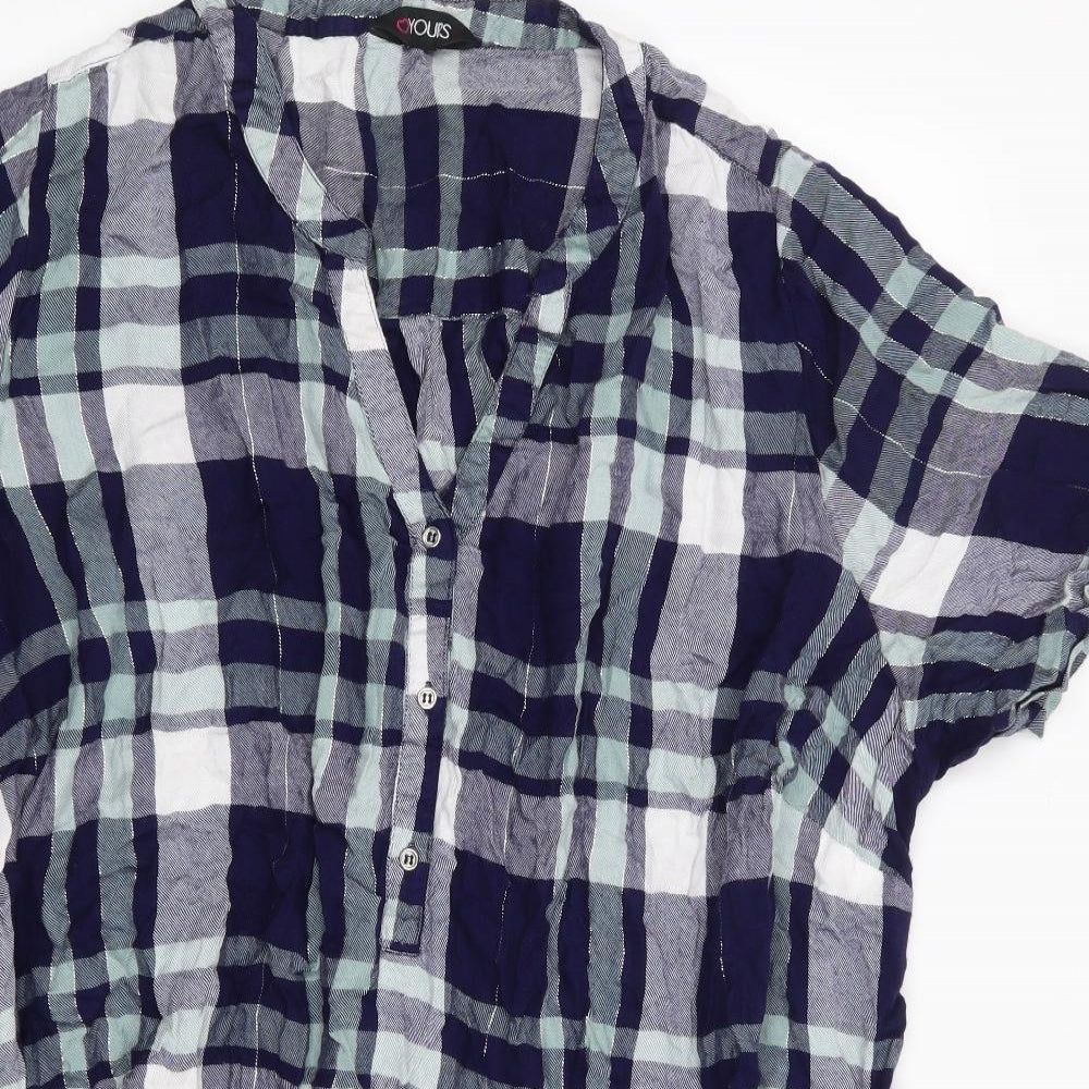 Yours Womens Blue Plaid Viscose Jersey Button-Up Size 26 V-Neck